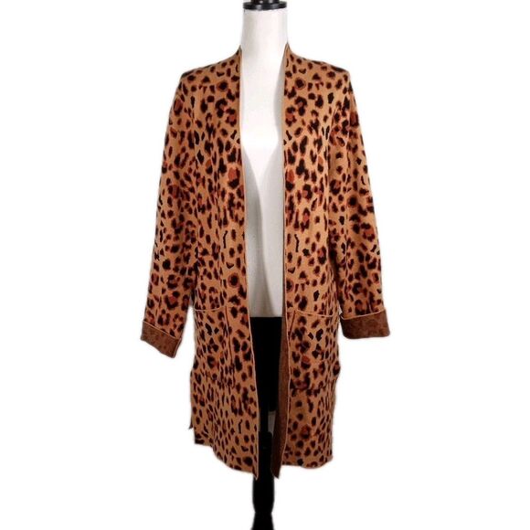 Rachel Zoe Leopard Print Duster Cardigan Sweater XL Open Front Pockets Cheetah - Picture 1 of 6